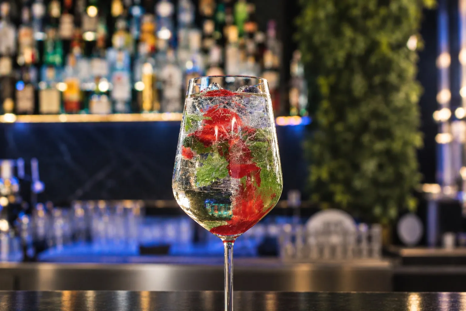 Spritz bianco con fragole e menta sul bancone